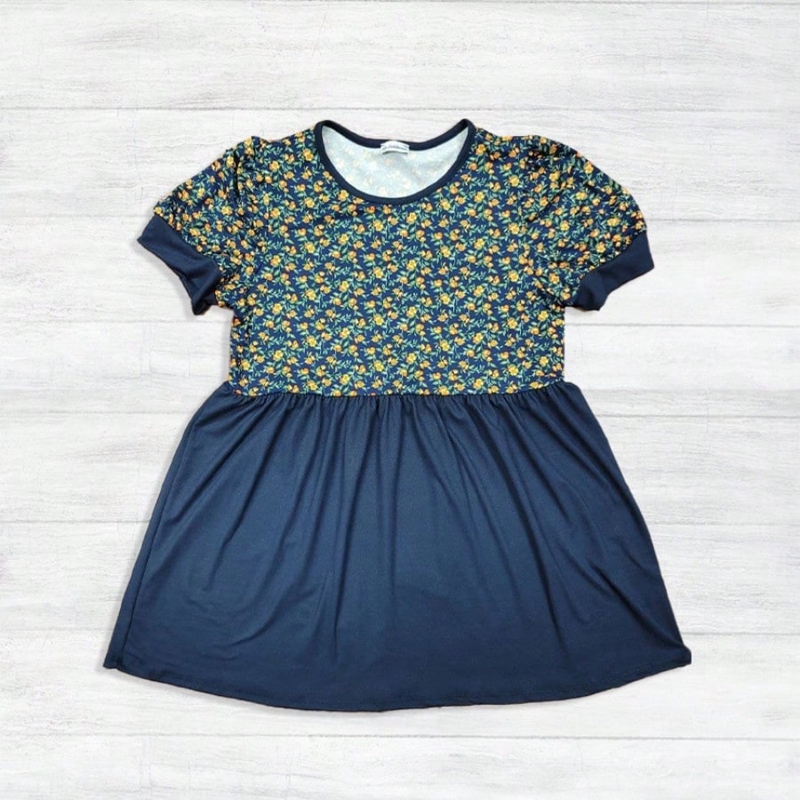 Boho Retro Baby Doll Ivory Navy Blue Floral Color Block Tunic Top Shirt