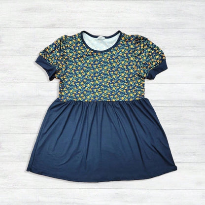 Boho Retro Baby Doll Ivory Navy Blue Floral Color Block Tunic Top Shirt