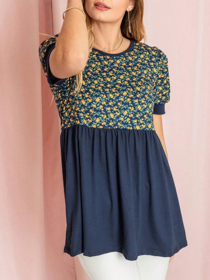 Boho Retro Baby Doll Ivory Navy Blue Floral Color Block Tunic Top Shirt