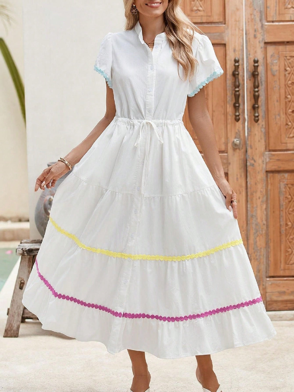 Boho Vacation Cotton Wavy White Elegant Tiered Maxi Long Shirt  Dress With Drawstring  Versatile Summer Dress For Women