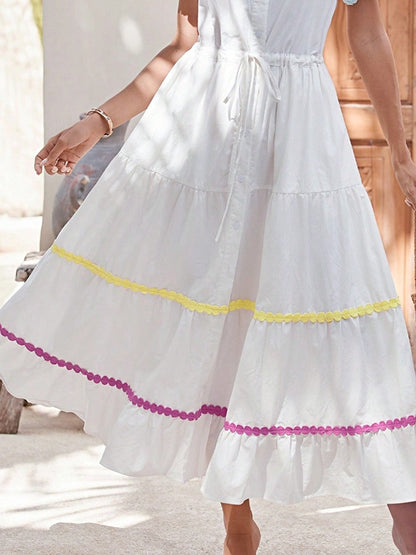Boho Vacation Cotton Wavy White Elegant Tiered Maxi Long Shirt  Dress With Drawstring  Versatile Summer Dress For Women