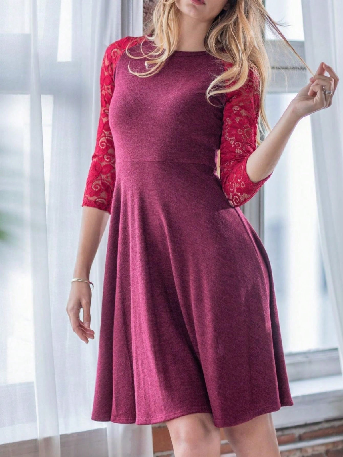 Boho Retro Burgundy  Red Lace Fit And Flare Three-Quarter Sleeve Lace