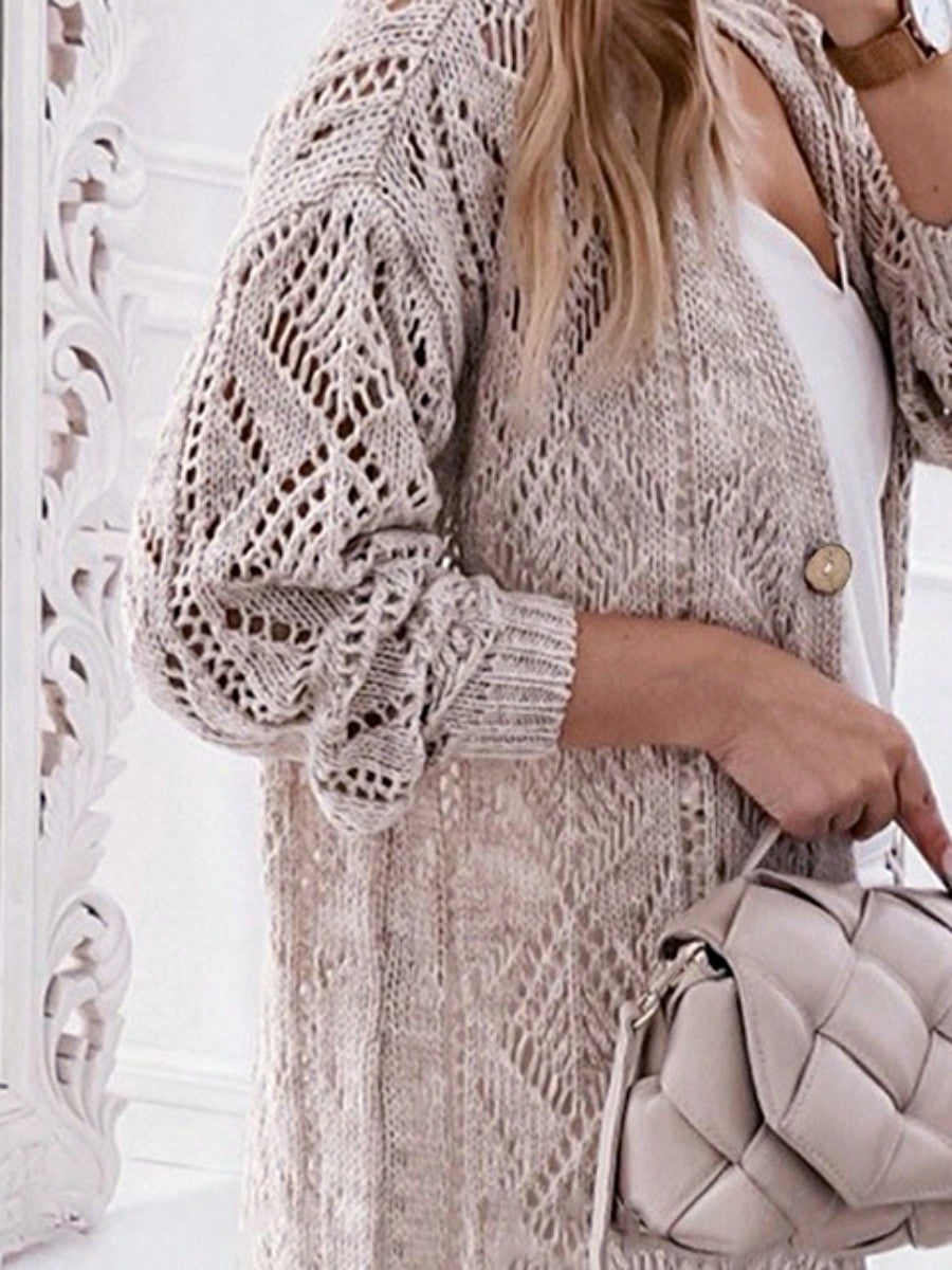 Boho Retro Cotton Mix Crochet Knit Hollow Light Weight Button Front Side Slit Long Cardigan