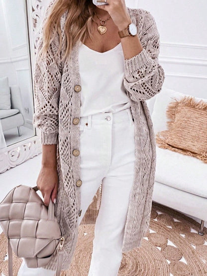 Boho Retro Cotton Mix Crochet Knit Hollow Light Weight Button Front Side Slit Long Cardigan