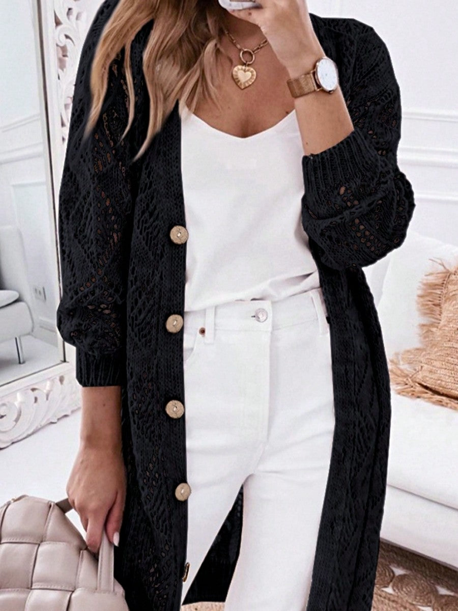Boho Retro Cotton Mix Crochet Knit Hollow Light Weight Button Front Side Slit Long Cardigan