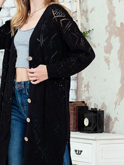 Boho Retro Cotton Mix Crochet Knit Hollow Light Weight Button Front Side Slit Long Cardigan