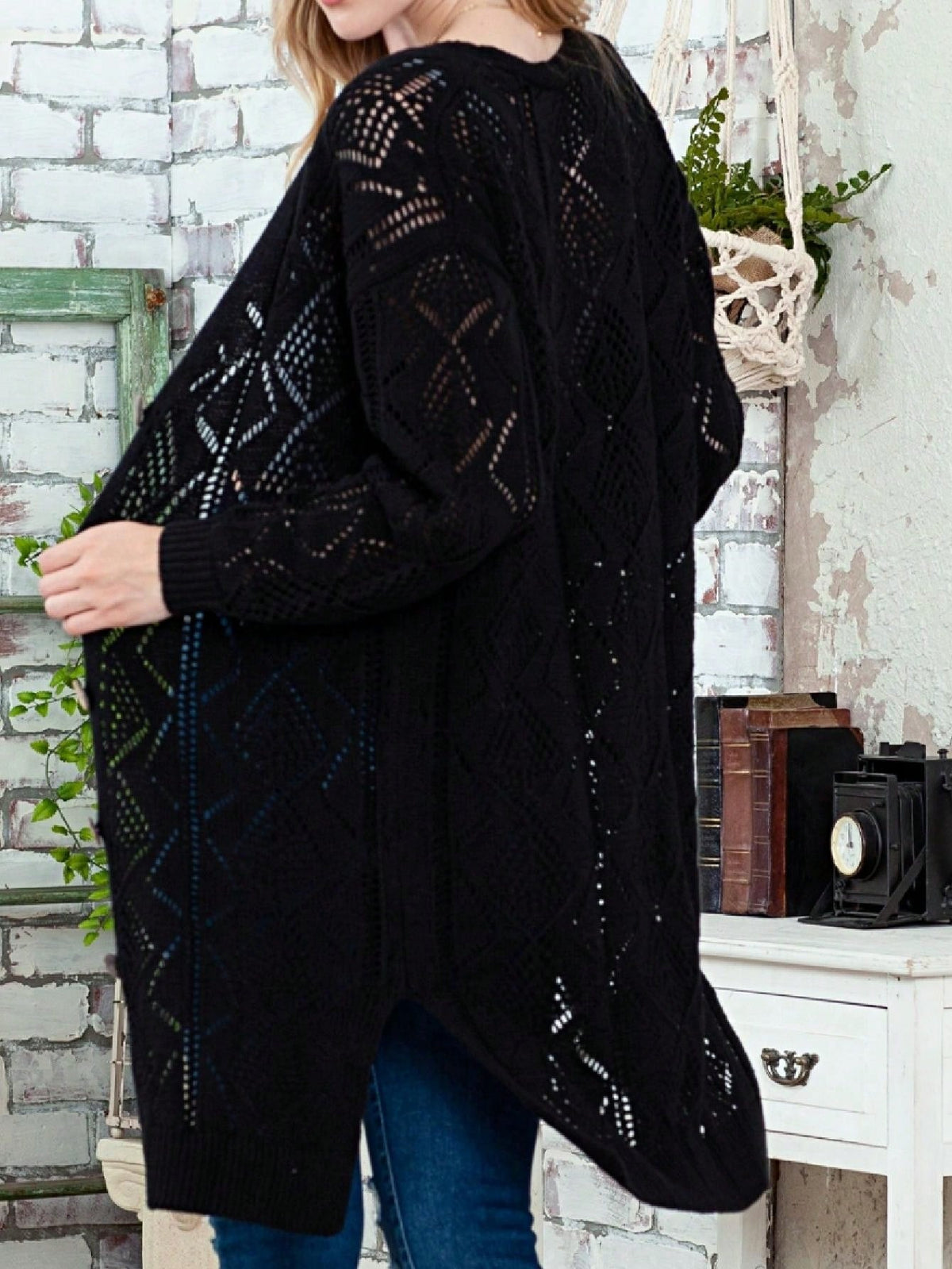 Boho Retro Cotton Mix Crochet Knit Hollow Light Weight Button Front Side Slit Long Cardigan
