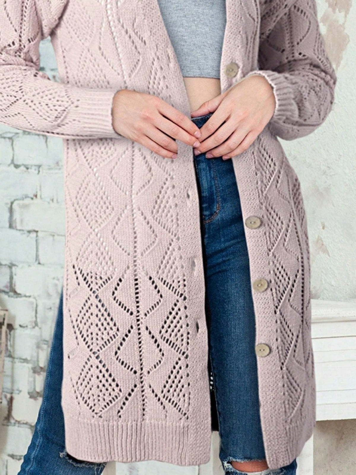 Boho Retro Cotton Mix Crochet Knit Hollow Light Weight Button Front Side Slit Long Cardigan