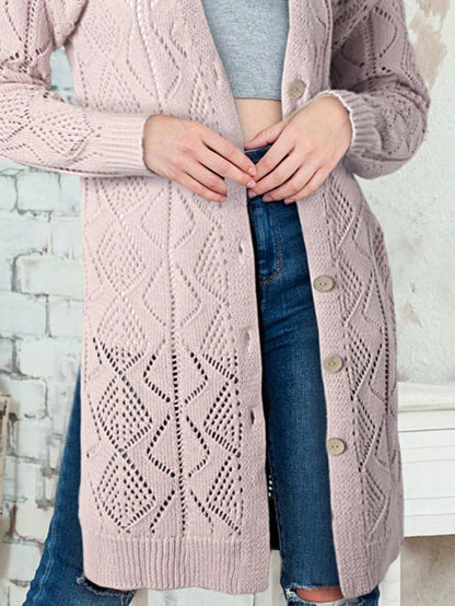 Boho Retro Cotton Mix Crochet Knit Hollow Light Weight Button Front Side Slit Long Cardigan