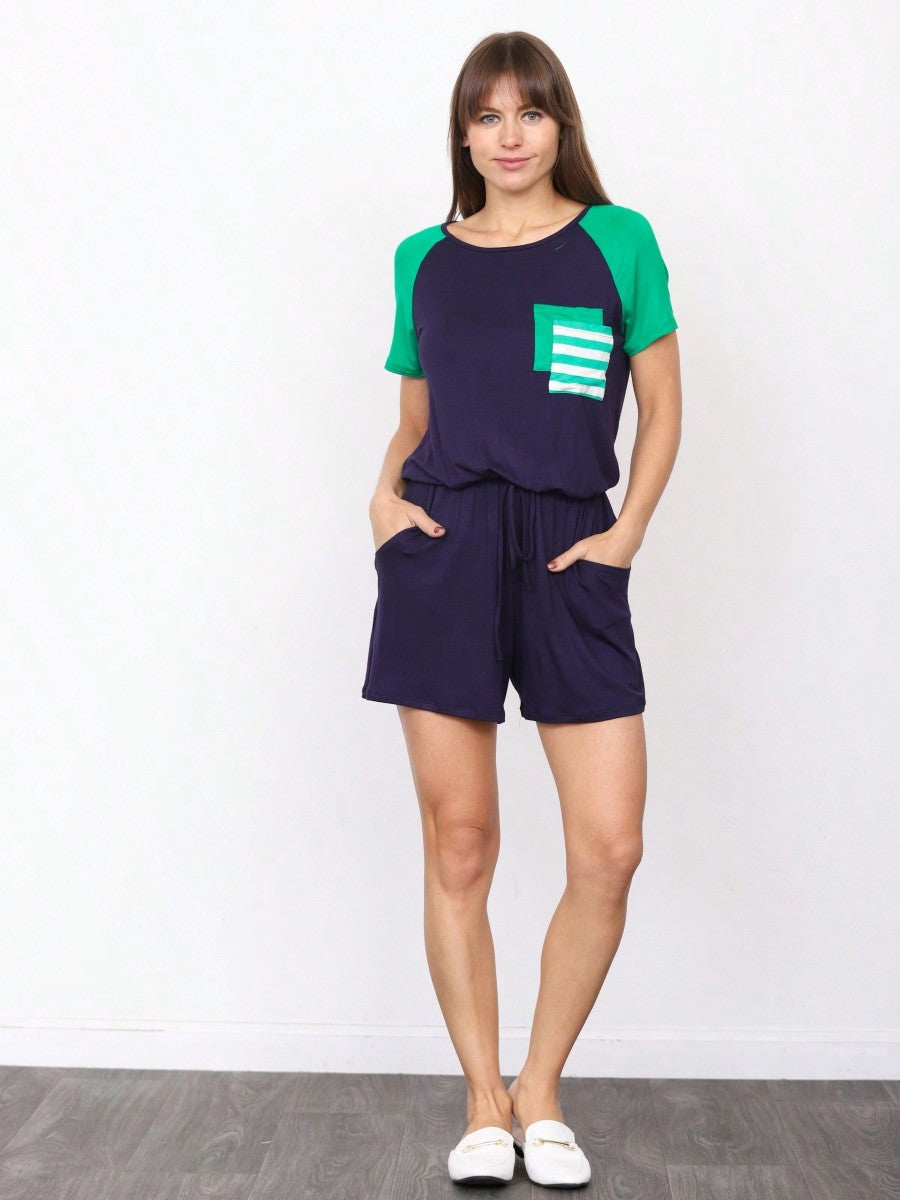 Boho Casual Green Navy Blue Tank Cami Romper Short Sleeve Double Pockets