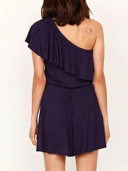 Boho Retro Casual Grey Navy Black Rayon Romper Jumpsuit One Shoulder Ruffle