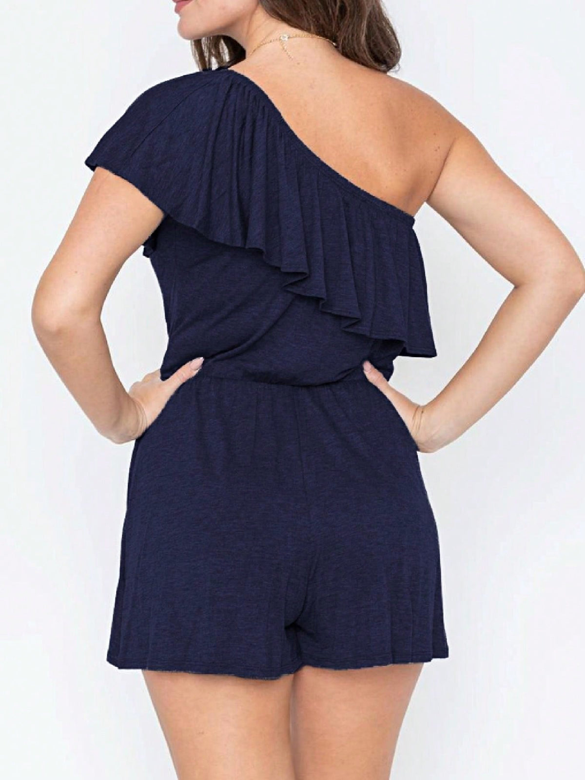 Boho Retro Casual Grey Navy Black Rayon Romper Jumpsuit One Shoulder Ruffle