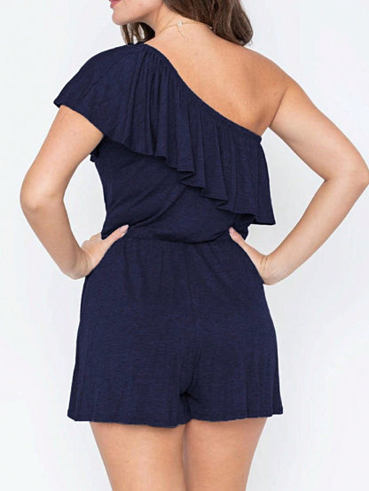 Boho Retro Casual Grey Navy Black Rayon Romper Jumpsuit One Shoulder Ruffle