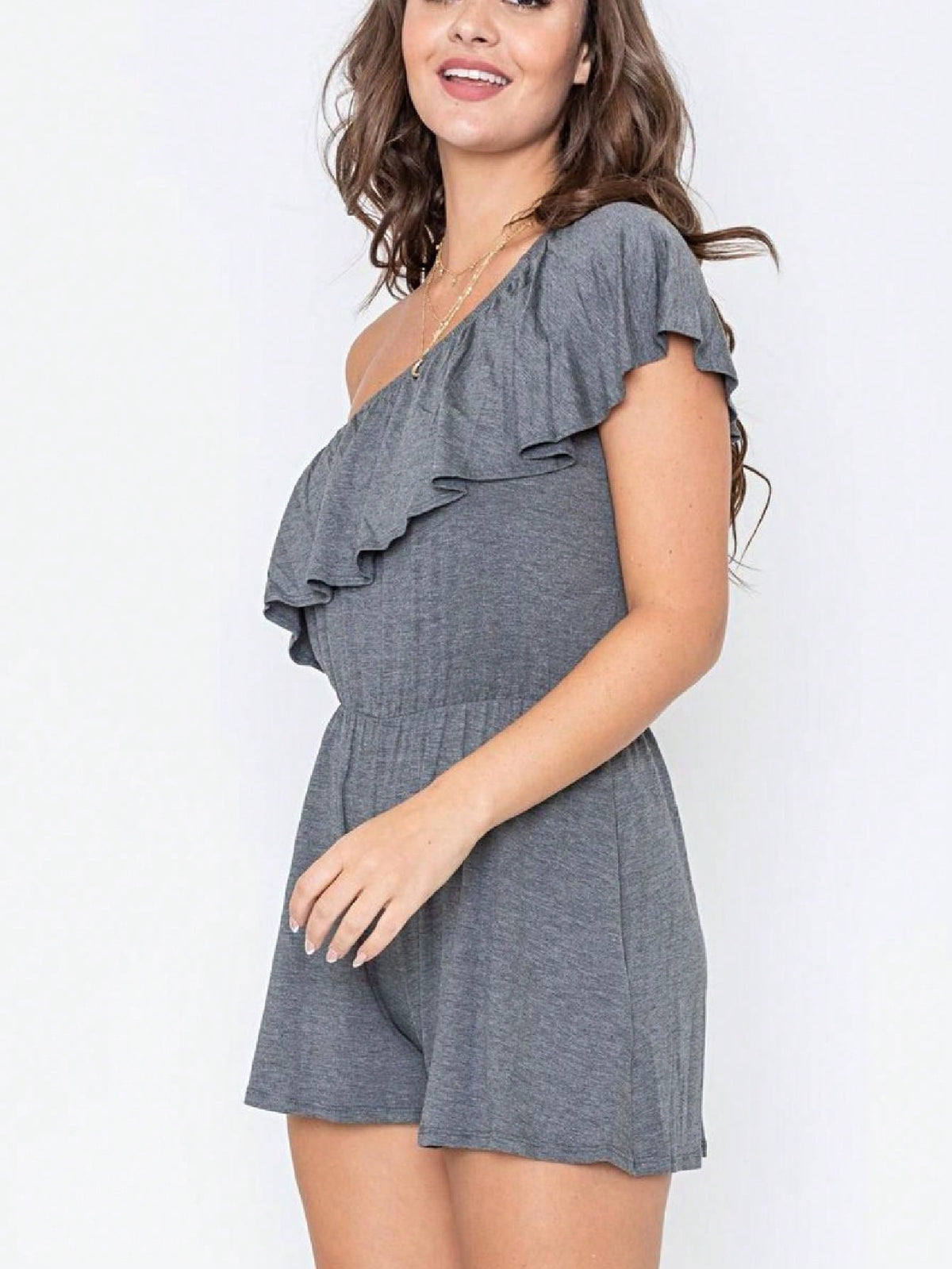 Boho Retro Casual Grey Navy Black Rayon Romper Jumpsuit One Shoulder Ruffle
