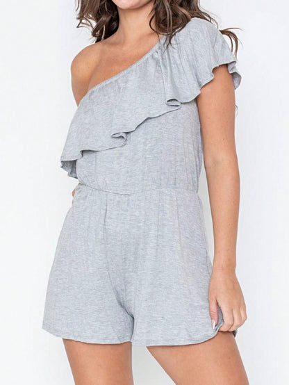 Boho Retro Casual Grey Navy Black Rayon Romper Jumpsuit One Shoulder Ruffle