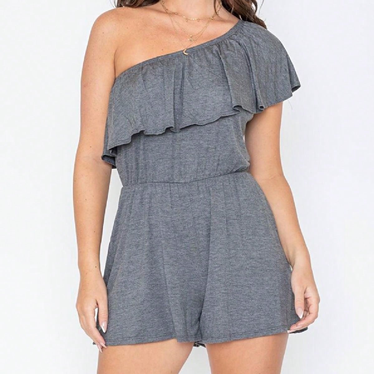 Boho Retro Casual Grey Navy Black Rayon Romper Jumpsuit One Shoulder Ruffle