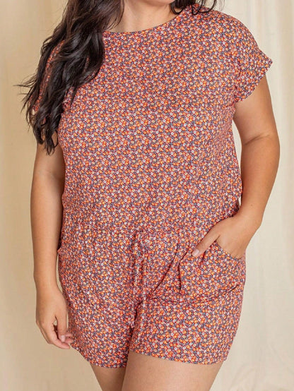 Boho Casual Red Black Ditsy Floral Tank Cami Romper Short Sleeve