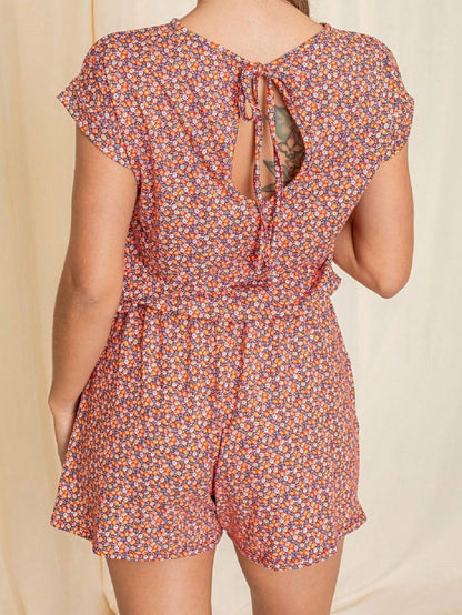 Boho Casual Red Black Ditsy Floral Tank Cami Romper Short Sleeve