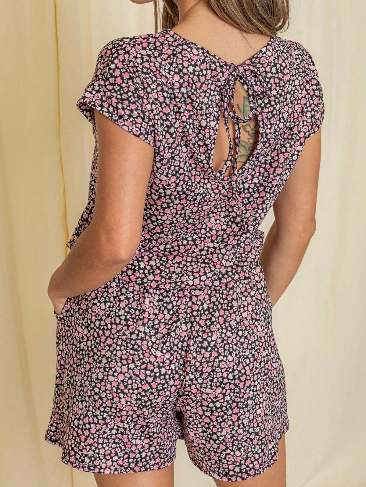 Boho Casual Red Black Ditsy Floral Tank Cami Romper Short Sleeve