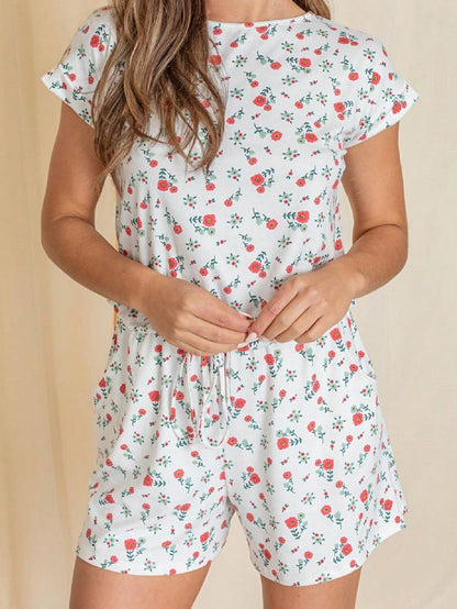Boho Casual Red Black Ditsy Floral Tank Cami Romper Short Sleeve