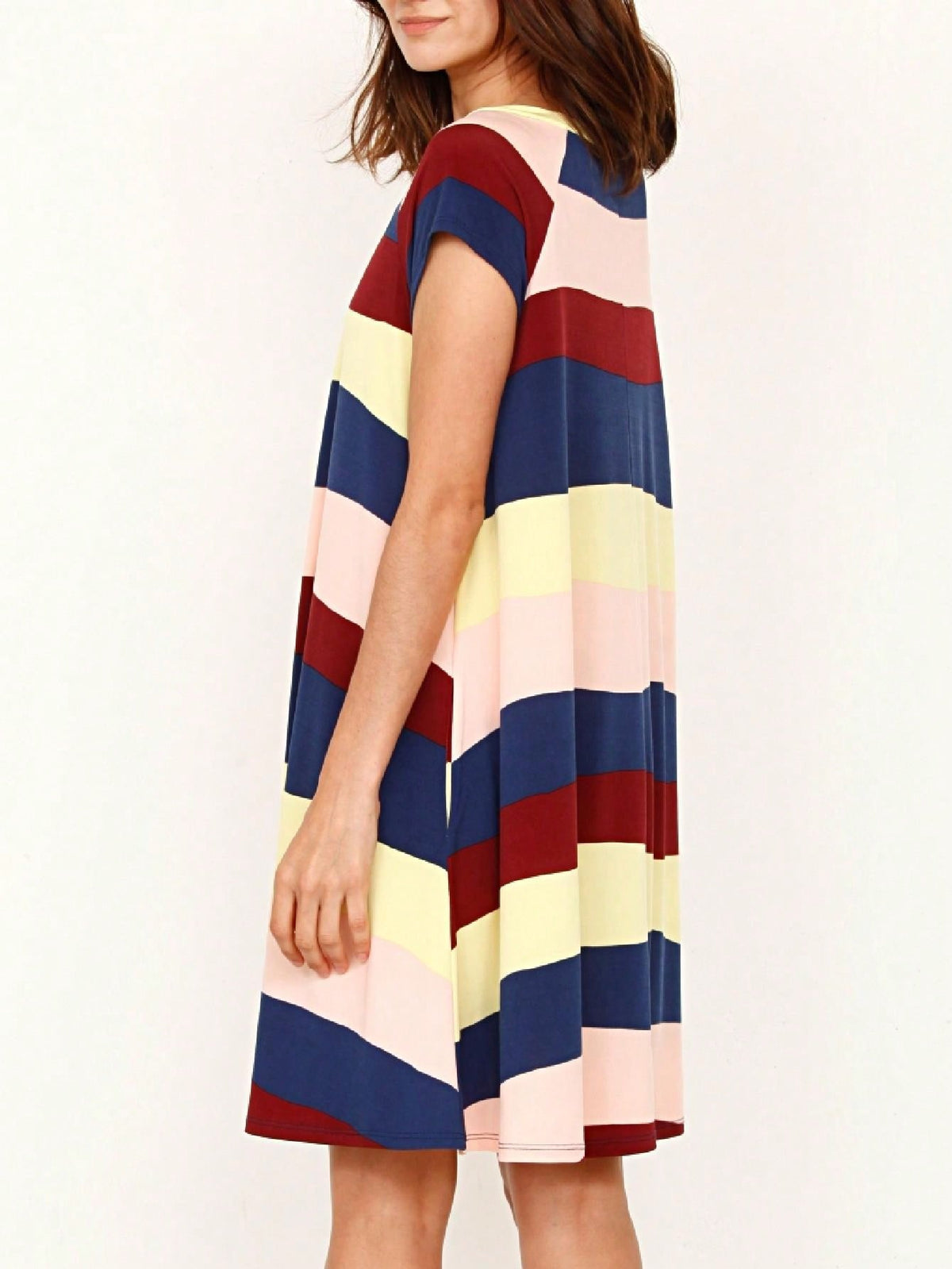 Boho Retro Classic Cap Sleeve Raglan Contrast  Stripe Green Red Navy Pink Grey Tunic Dress