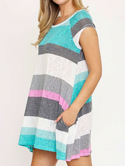 Boho Retro Classic Cap Sleeve Raglan Contrast  Stripe Green Red Navy Pink Grey Tunic Dress