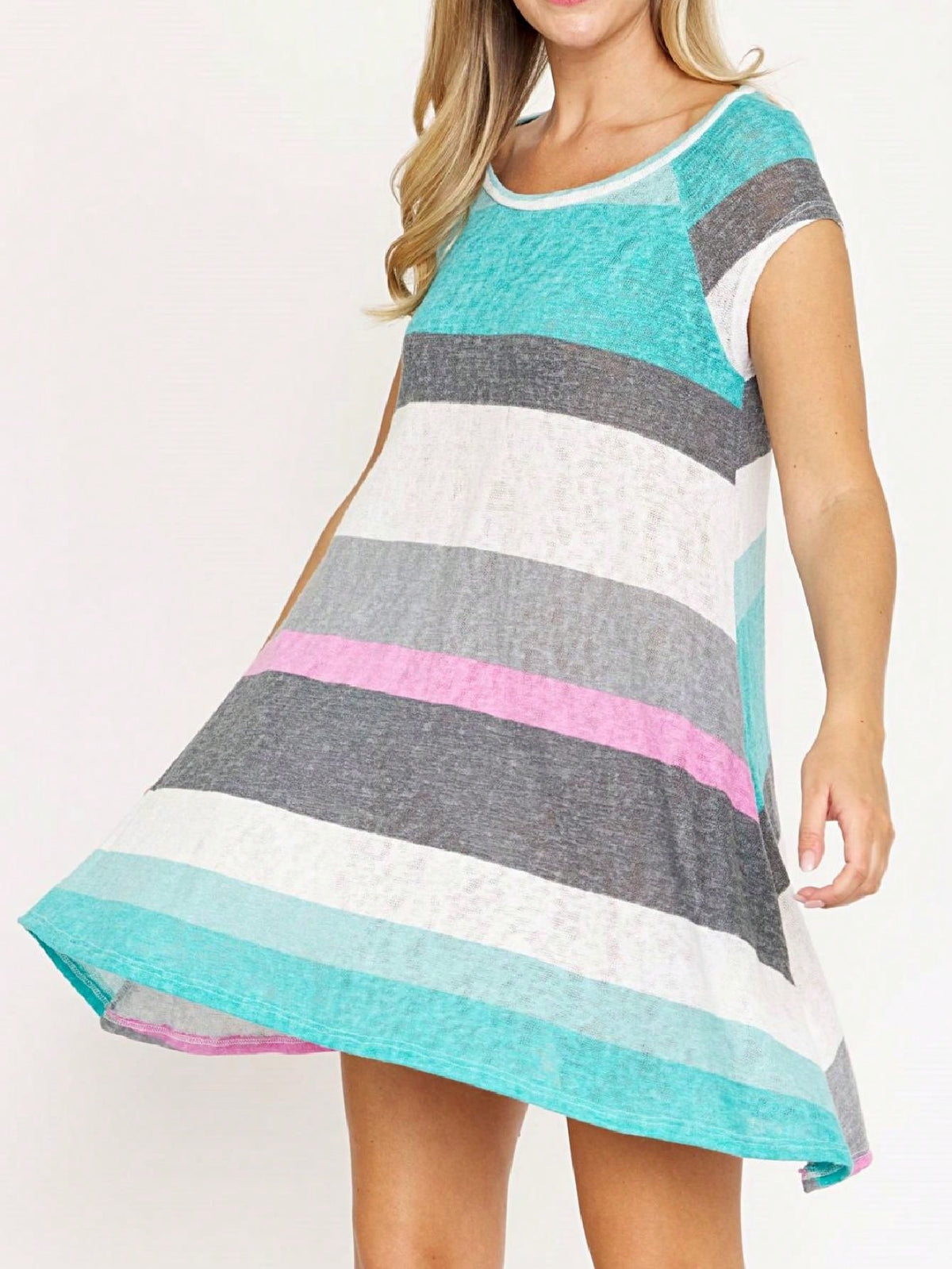 Boho Retro Classic Cap Sleeve Raglan Contrast  Stripe Green Red Navy Pink Grey Tunic Dress