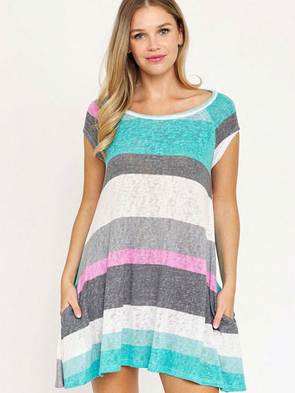 Boho Retro Classic Cap Sleeve Raglan Contrast  Stripe Green Red Navy Pink Grey Tunic Dress