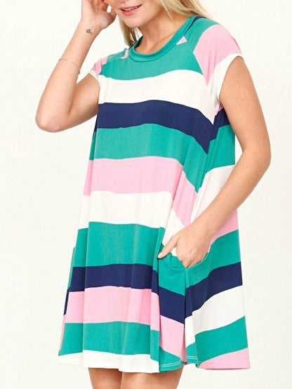 Boho Retro Classic Cap Sleeve Raglan Contrast  Stripe Green Red Navy Pink Grey Tunic Dress