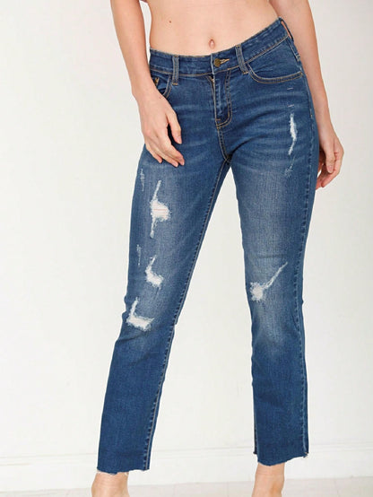 Cotton Tattered Hem Mid High Waist Cropped Semi Ankle Boot Cut Jeans