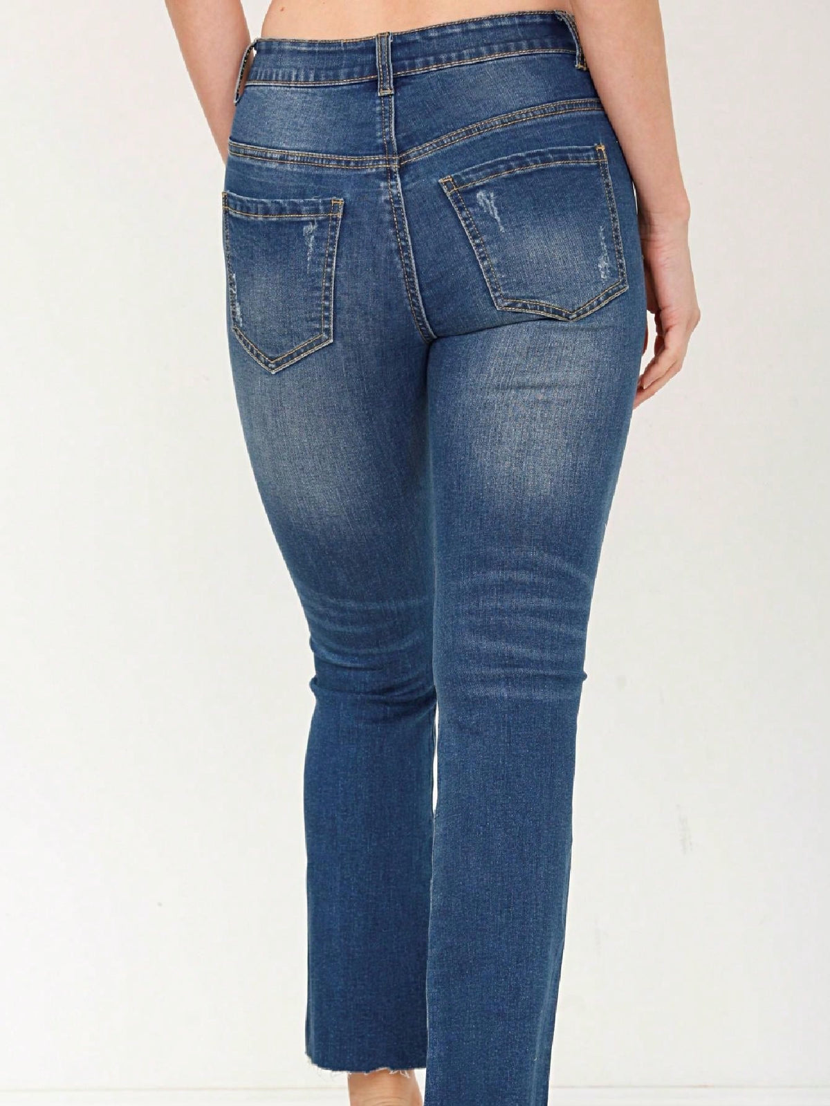 Cotton Tattered Hem Mid High Waist Cropped Semi Ankle Boot Cut Jeans