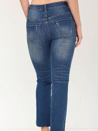 Cotton Tattered Hem Mid High Waist Cropped Semi Ankle Boot Cut Jeans