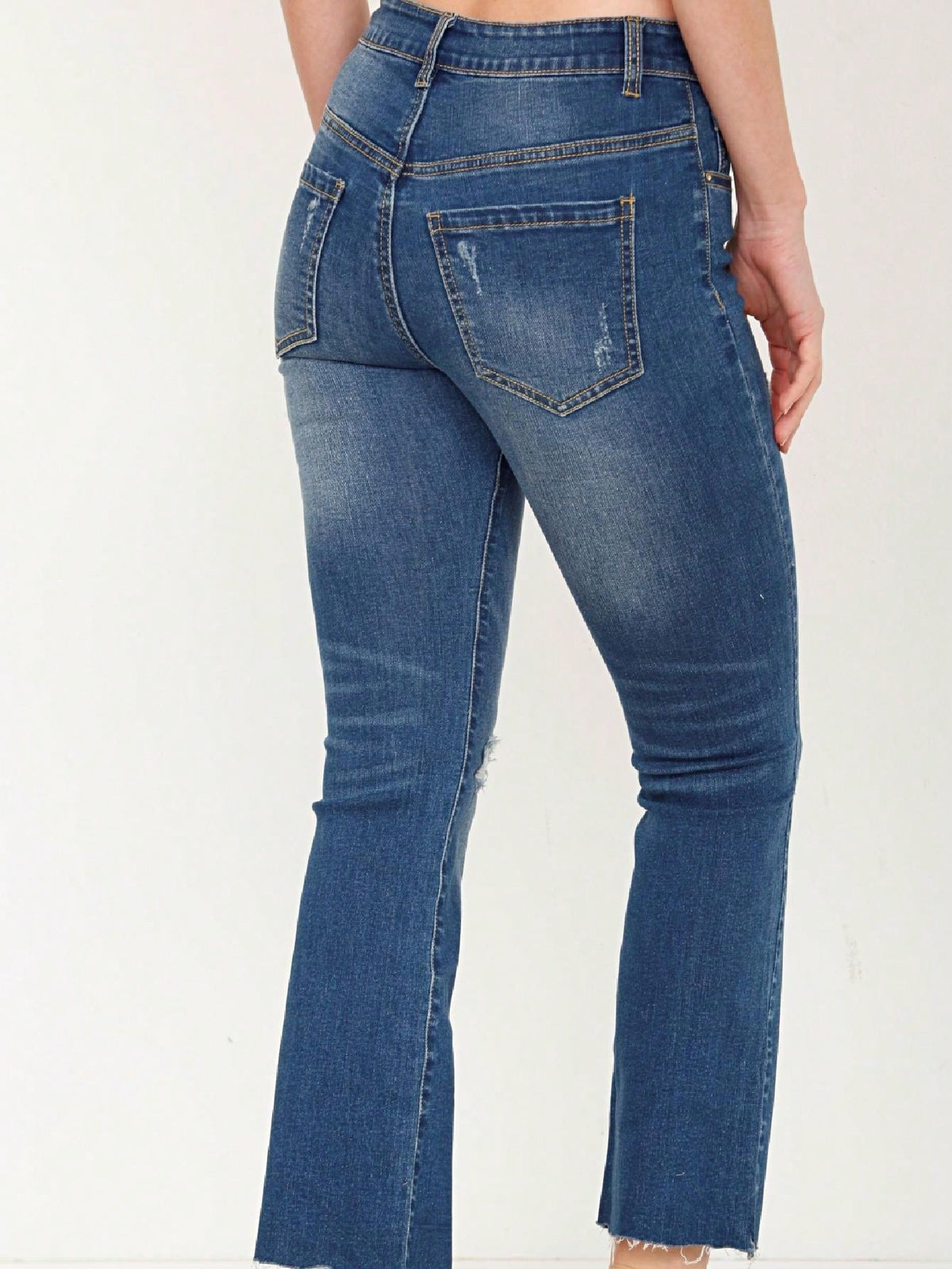 Cotton Tattered Hem Mid High Waist Cropped Semi Ankle Boot Cut Jeans