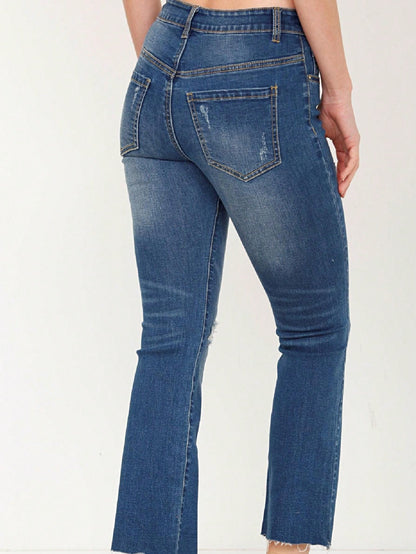 Cotton Tattered Hem Mid High Waist Cropped Semi Ankle Boot Cut Jeans