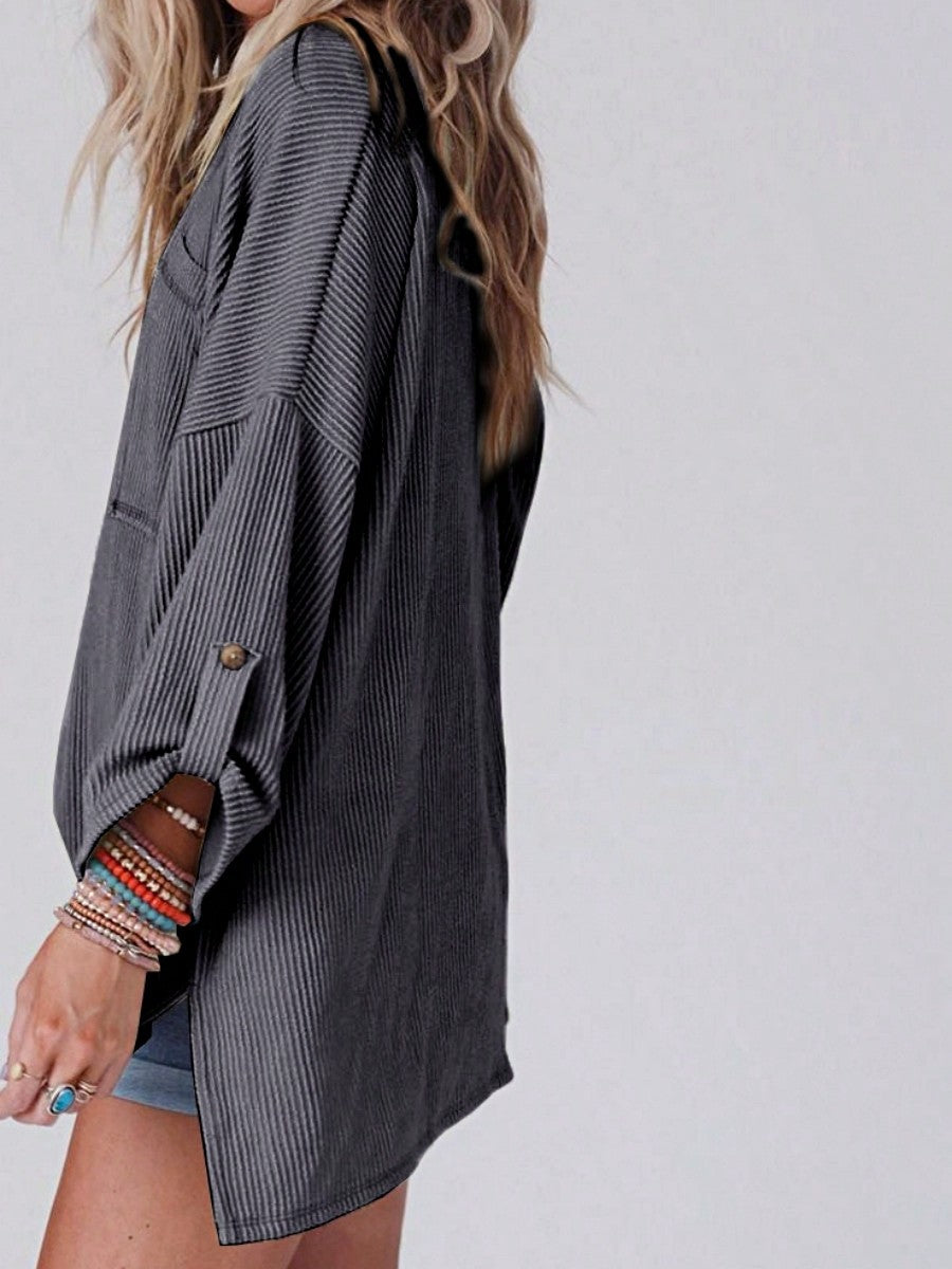 Boho Retro 60's Ribbed Tab Sleeve Drop Shoulder Pocket Over Sized Half Sleeve Sage Charcoal Grey Crew Neck Top Shirt Blouse