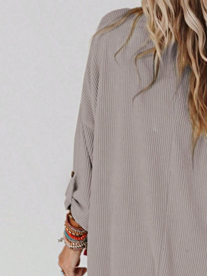 Boho Retro 60's Ribbed Tab Sleeve Drop Shoulder Pocket Over Sized Half Sleeve Sage Charcoal Grey Crew Neck Top Shirt Blouse