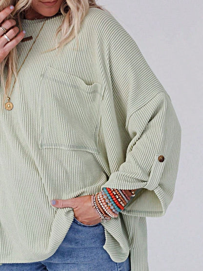 Boho Retro 60's Ribbed Tab Sleeve Drop Shoulder Pocket Over Sized Half Sleeve Sage Charcoal Grey Crew Neck Top Shirt Blouse