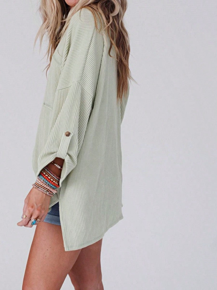 Boho Retro 60's Ribbed Tab Sleeve Drop Shoulder Pocket Over Sized Half Sleeve Sage Charcoal Grey Crew Neck Top Shirt Blouse