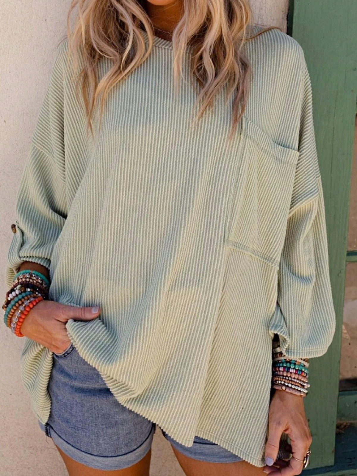 Boho Retro 60's Ribbed Tab Sleeve Drop Shoulder Pocket Over Sized Half Sleeve Sage Charcoal Grey Crew Neck Top Shirt Blouse