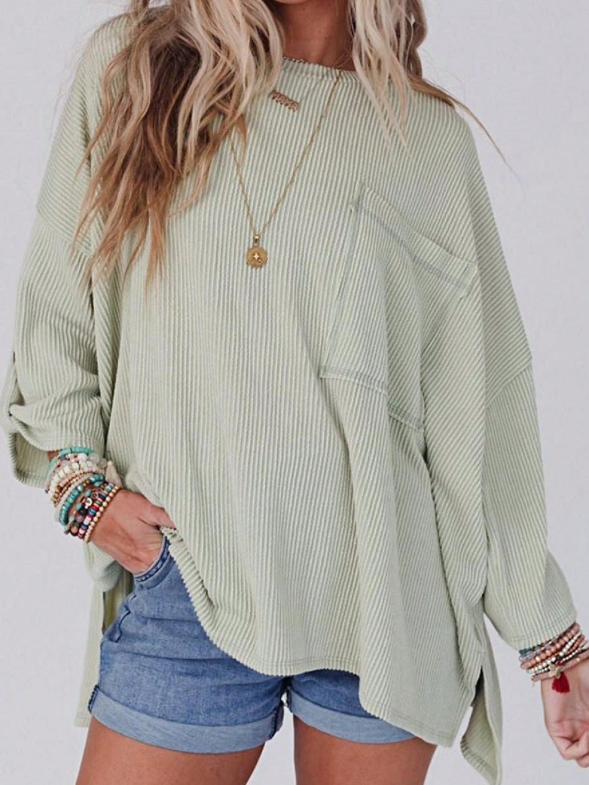 Boho Retro 60's Ribbed Tab Sleeve Drop Shoulder Pocket Over Sized Half Sleeve Sage Charcoal Grey Crew Neck Top Shirt Blouse