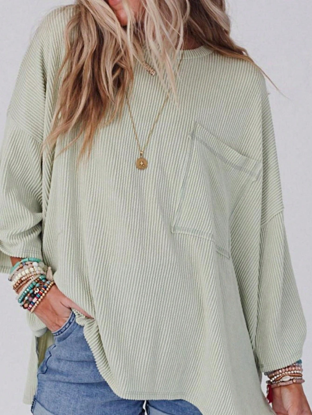 Boho Retro 60's Ribbed Tab Sleeve Drop Shoulder Pocket Over Sized Half Sleeve Sage Charcoal Grey Crew Neck Top Shirt Blouse