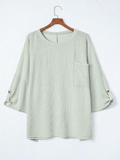 Boho Retro 60's Ribbed Tab Sleeve Drop Shoulder Pocket Over Sized Half Sleeve Sage Charcoal Grey Crew Neck Top Shirt Blouse