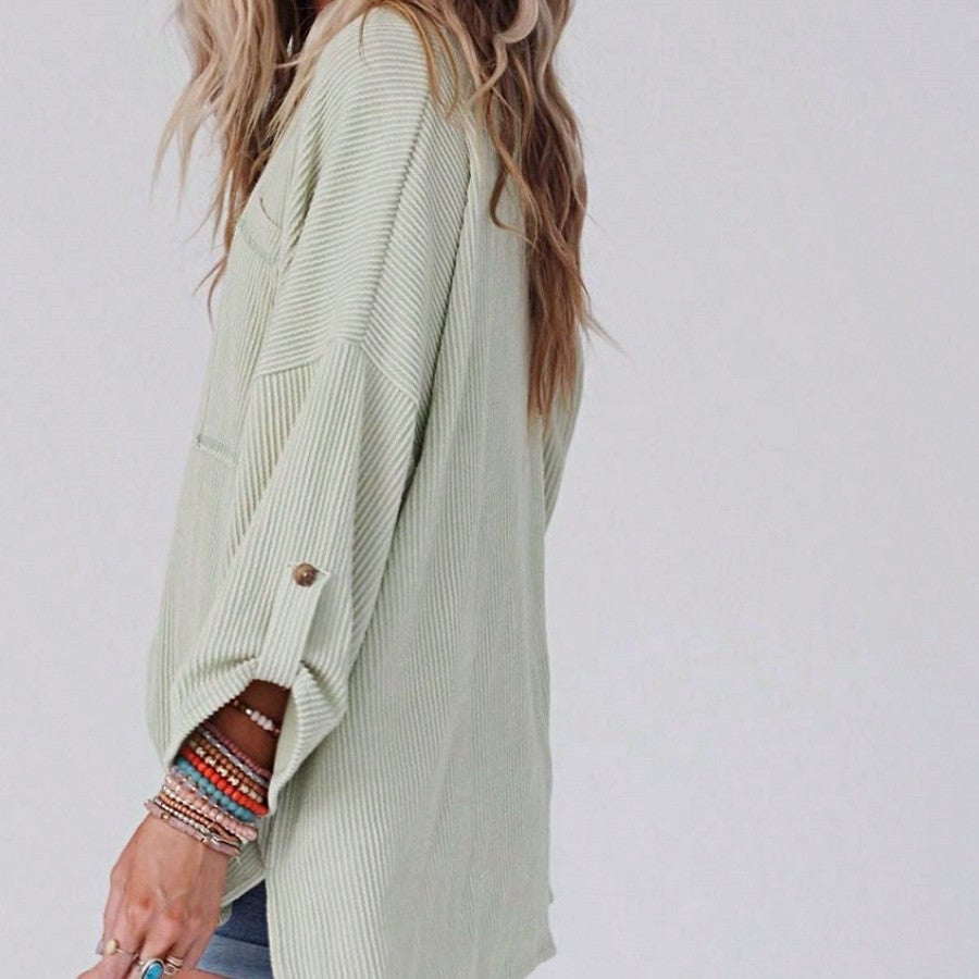Boho Retro 60's Ribbed Tab Sleeve Drop Shoulder Pocket Over Sized Half Sleeve Sage Charcoal Grey Crew Neck Top Shirt Blouse