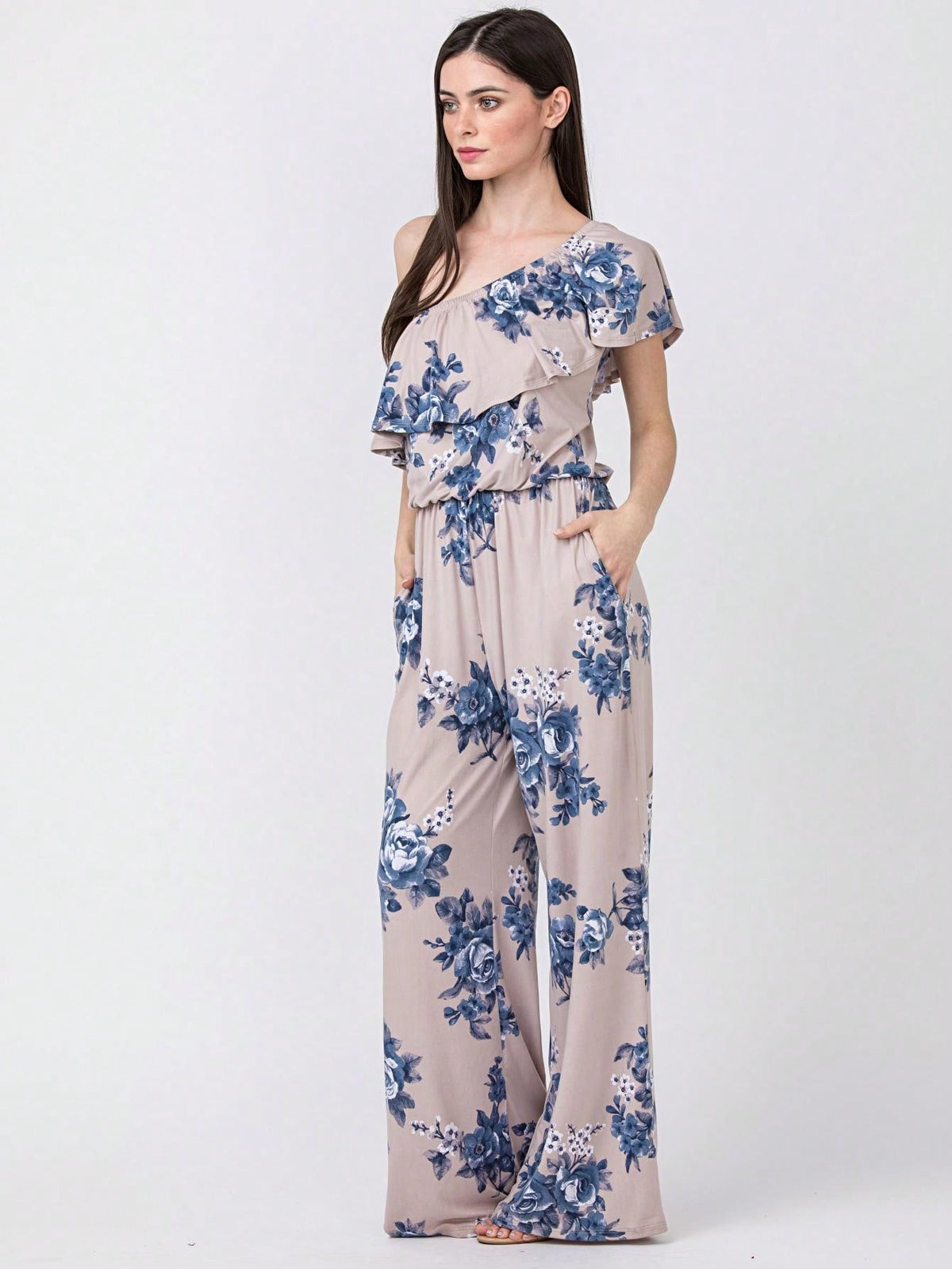 Boho Casual Beige Blue Floral Leaf Tank Cami One Shoulder Ruffle Wide Leg Jumpsuit Small To 3 XL PLUS
