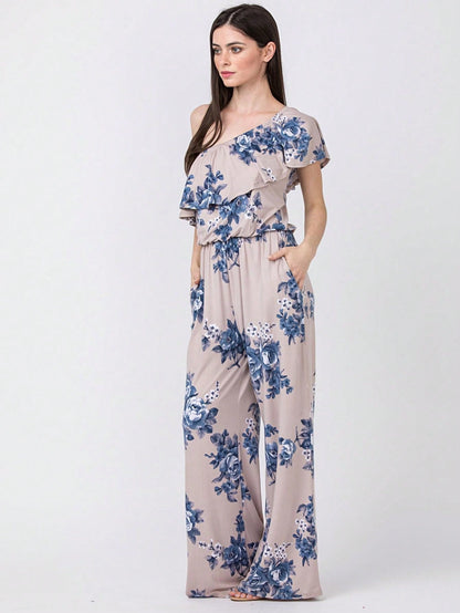 Boho Casual Beige Blue Floral Leaf Tank Cami One Shoulder Ruffle Wide Leg Jumpsuit Small To 3 XL PLUS