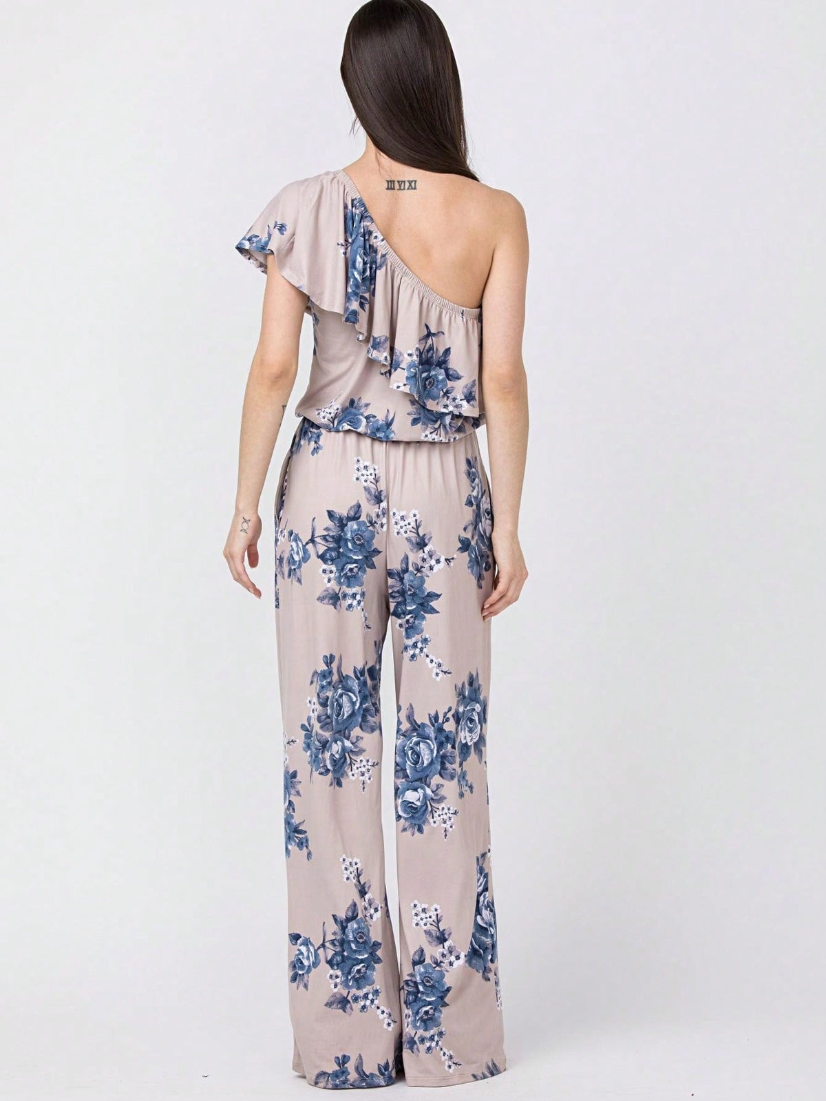 Boho Casual Beige Blue Floral Leaf Tank Cami One Shoulder Ruffle Wide Leg Jumpsuit Small To 3 XL PLUS