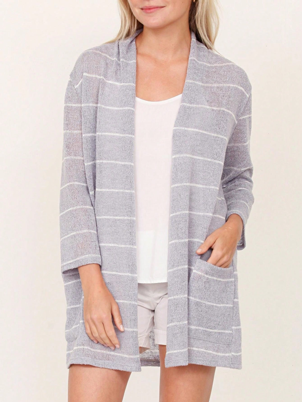 Boho Vintage Stripe Grey Violet Light Weight Three Quarter Sleeve  Knit Slouch Kimono Cardigan