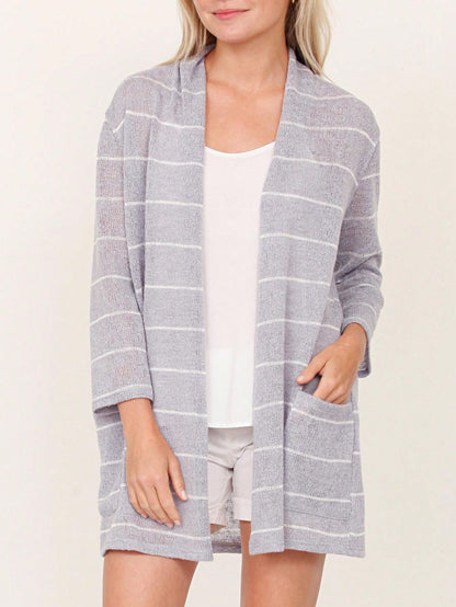 Boho Vintage Stripe Grey Violet Light Weight Three Quarter Sleeve  Knit Slouch Kimono Cardigan