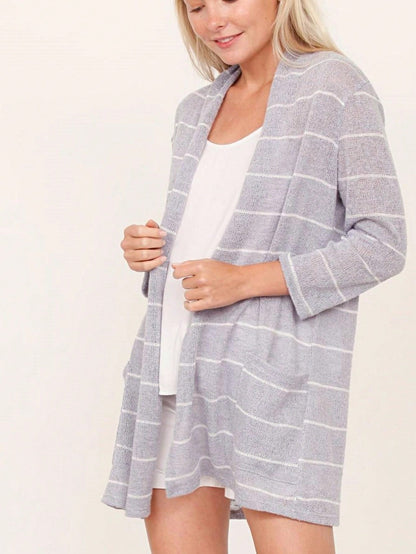 Boho Vintage Stripe Grey Violet Light Weight Three Quarter Sleeve  Knit Slouch Kimono Cardigan
