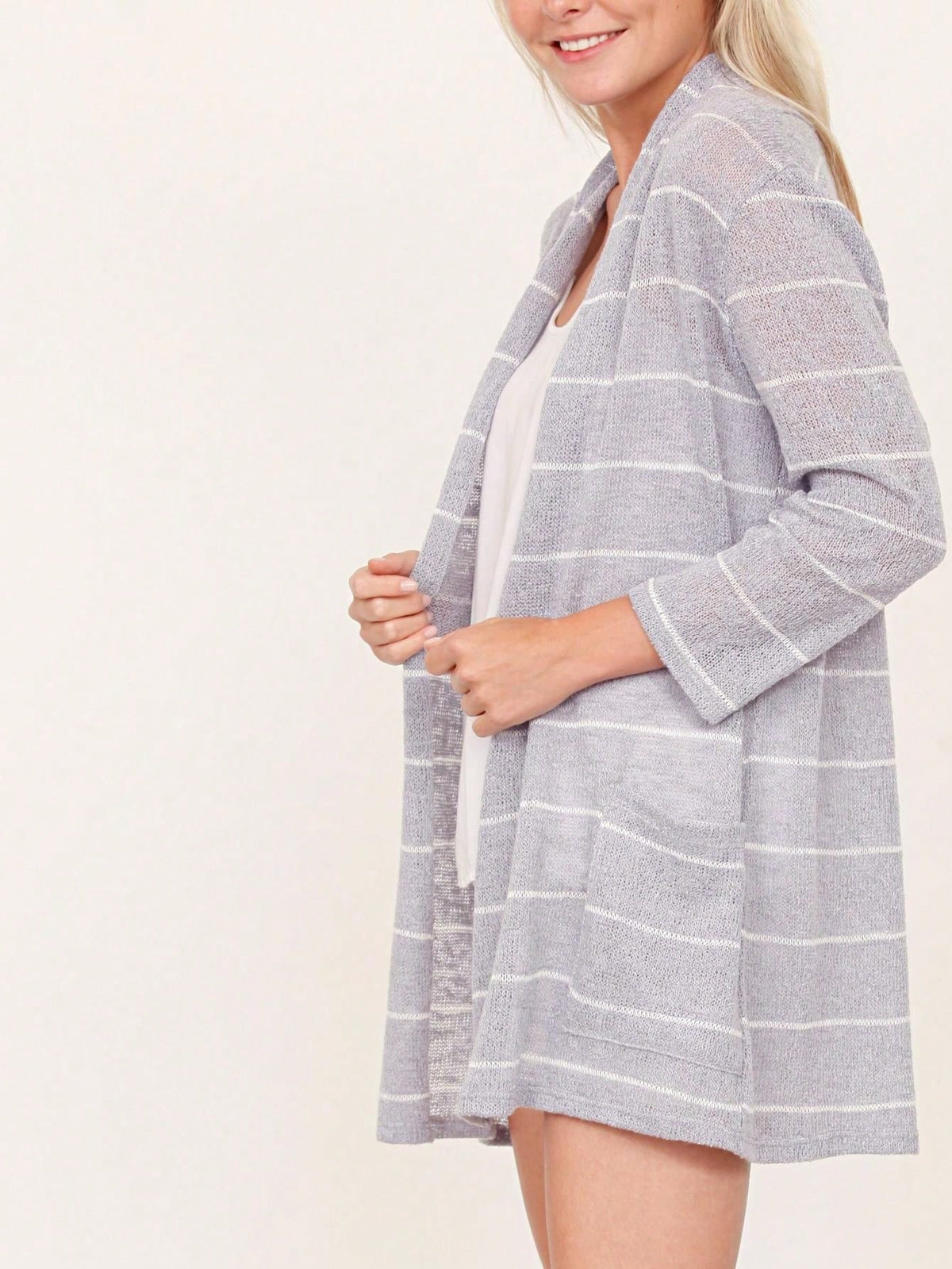 Boho Vintage Stripe Grey Violet Light Weight Three Quarter Sleeve  Knit Slouch Kimono Cardigan
